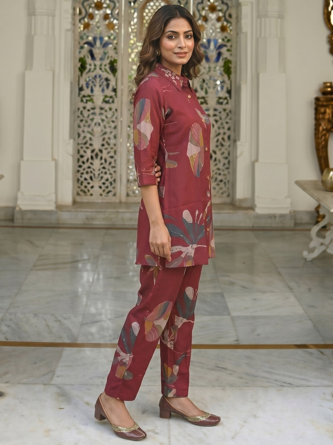 Floral Printed Red Rayon Top Bottom Set Minimal Ethnic Style - Image 3