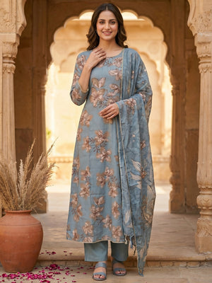 Dusty Blue Floral Printed Viscose Salwar Suit with Dupatta Festive Ethnic Wear - Image 1