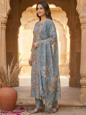 Dusty Blue Floral Printed Viscose Salwar Suit with Dupatta Festive Ethnic Wear - Image 2