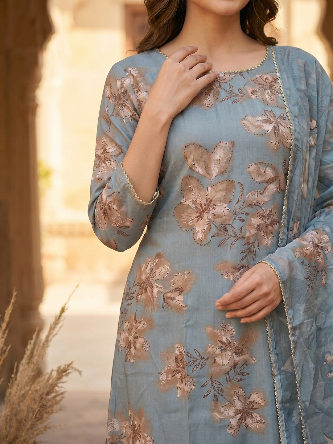 Dusty Blue Floral Printed Viscose Salwar Suit with Dupatta Festive Ethnic Wear - Image 3