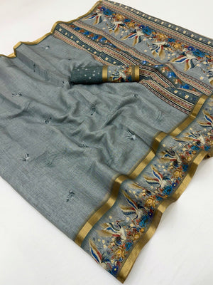 Elegant Grey Pure Cotton Saree with Digital Print & Zari Border - Image 2
