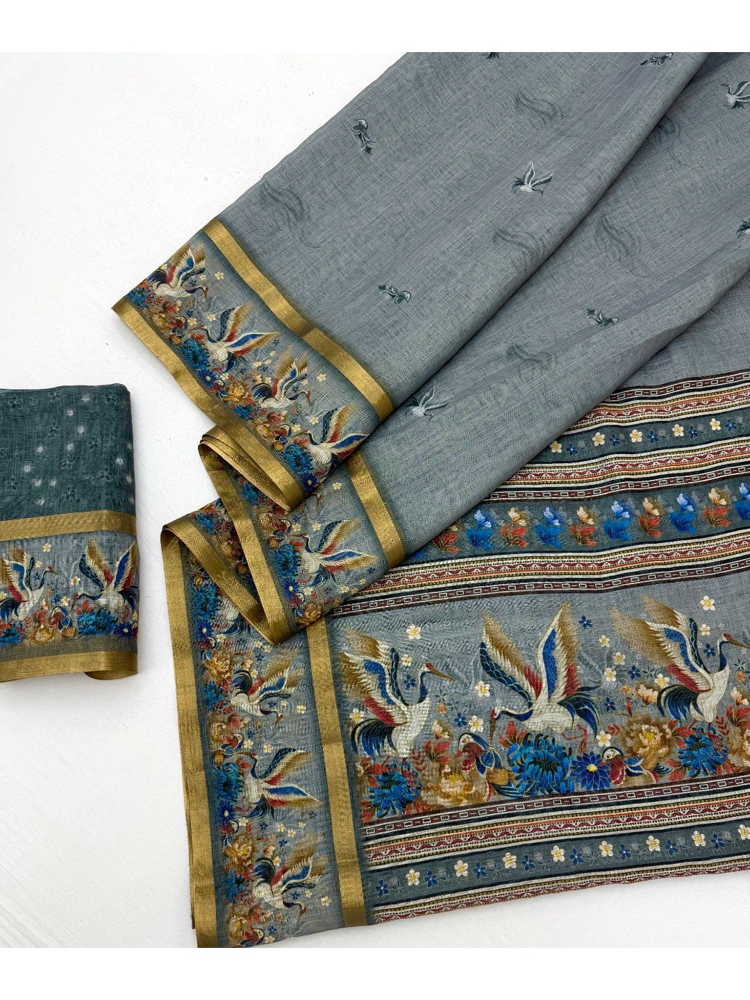 Elegant Grey Pure Cotton Saree with Digital Print & Zari Border - Image 3