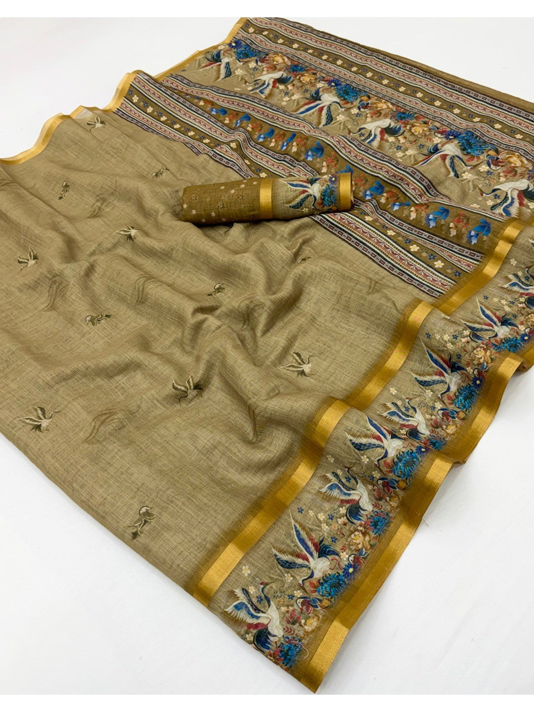 Elegant Olive Digital Print Pure Cotton Saree with Zari Border - Image 2