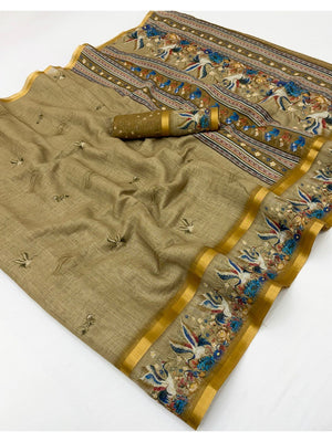Elegant Olive Digital Print Pure Cotton Saree with Zari Border - Image 2