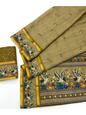 Elegant Olive Digital Print Pure Cotton Saree with Zari Border - Image 2