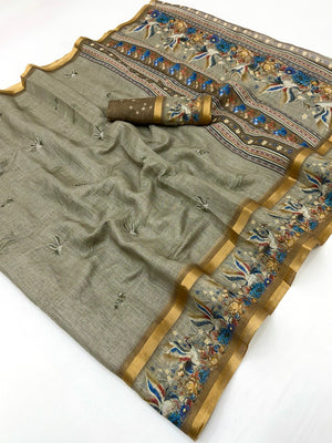 Elegant Grey Pure Cotton Digital Print Saree with Zari Border - Image 2