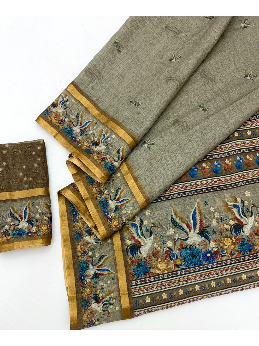 Elegant Grey Pure Cotton Digital Print Saree with Zari Border - Image 2