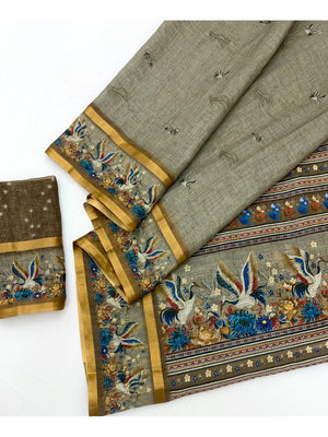 Elegant Grey Pure Cotton Digital Print Saree with Zari Border - Image 2