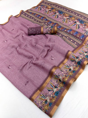 Elegant Mauve Pure Cotton Saree with Digital Print and Zari Border - Image 2