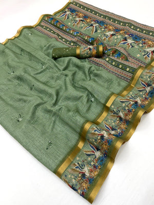 Elegant Green Pure Cotton Saree with Digital Print and Zari Border - Image 2