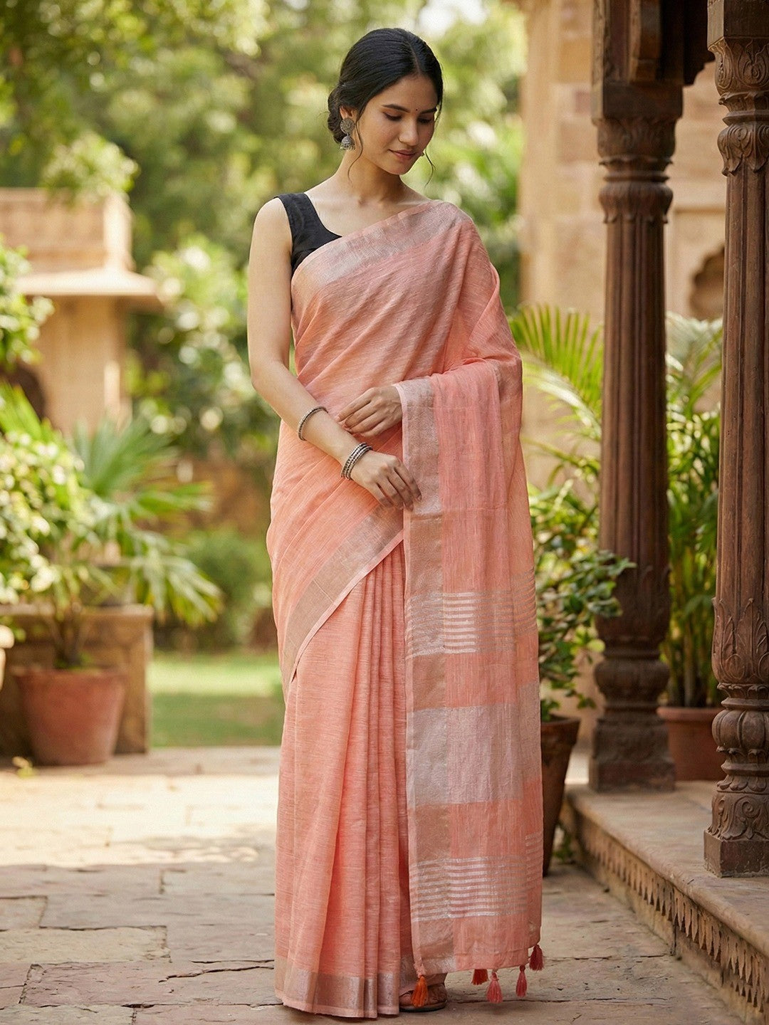 Peach Linen Saree with Subtle Zari Detailing Lightweight Occasion Wear - Image 5