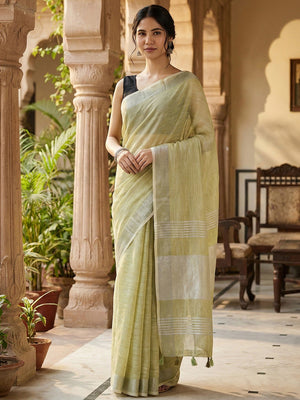 Pastle Olive Linen Saree with Subtle Zari Detailing Lightweight Occasion Wear - Image 1