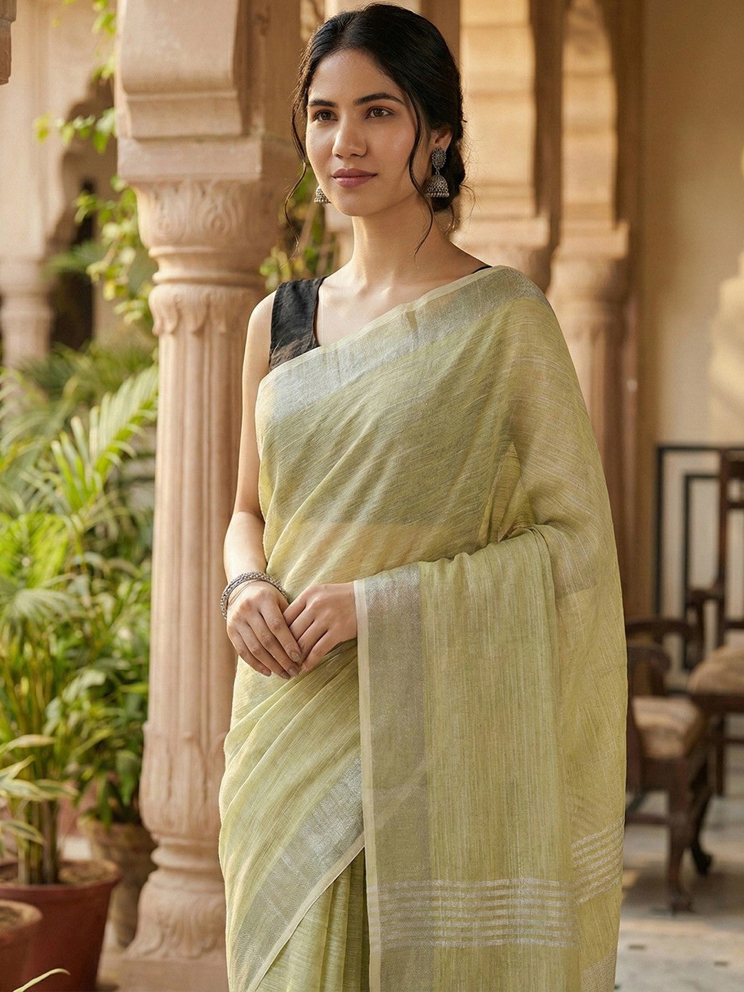 Pastle Olive Linen Saree with Subtle Zari Detailing Lightweight Occasion Wear - Image 5