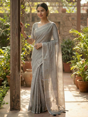 Grey Linen Saree with Subtle Zari Detailing Lightweight Occasion Wear - Image 1