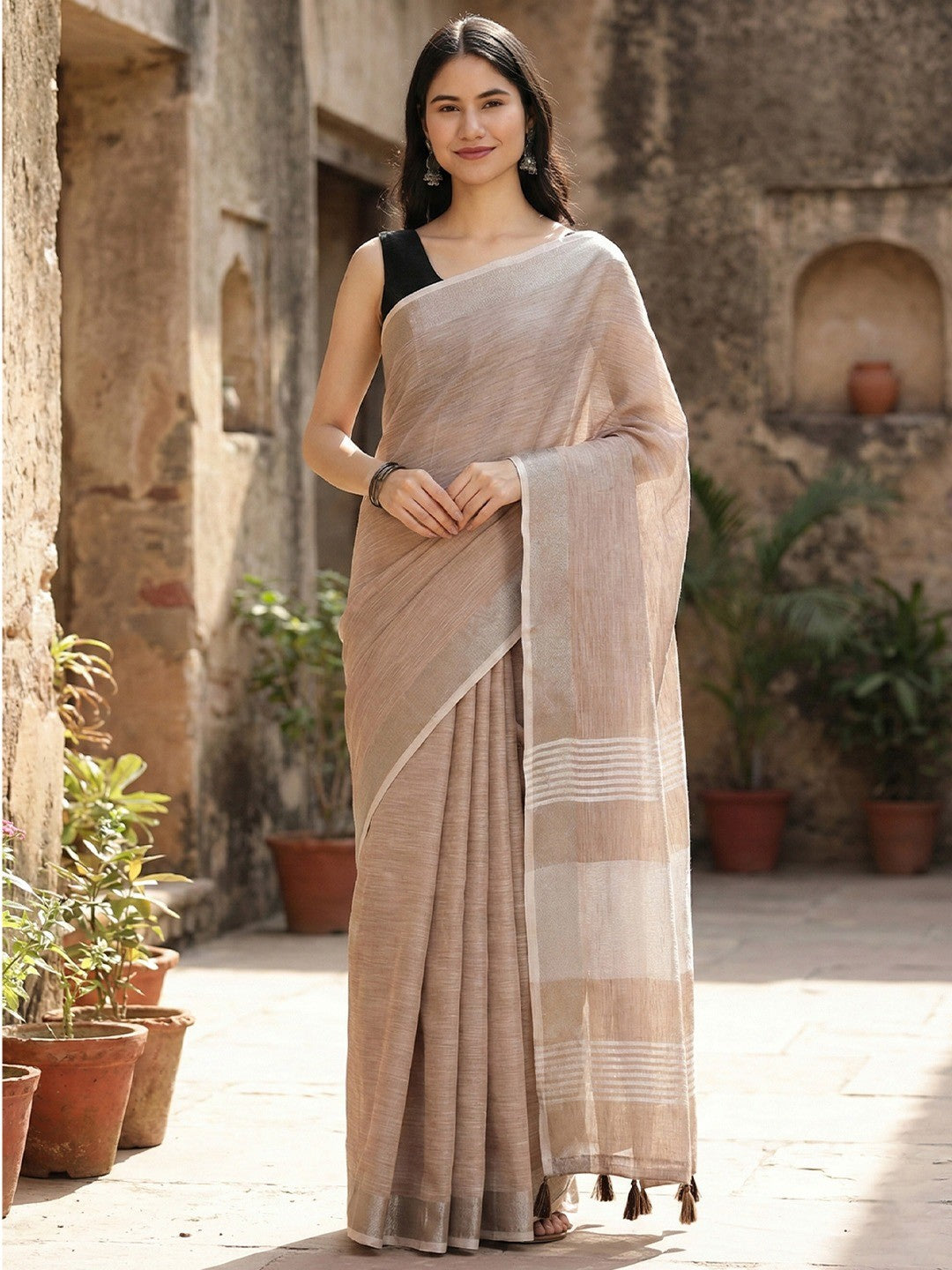 Brown Linen Saree with Subtle Zari Detailing Lightweight Occasion Wear - Image 1