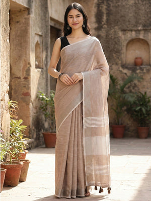 Brown Linen Saree with Subtle Zari Detailing Lightweight Occasion Wear - Image 1