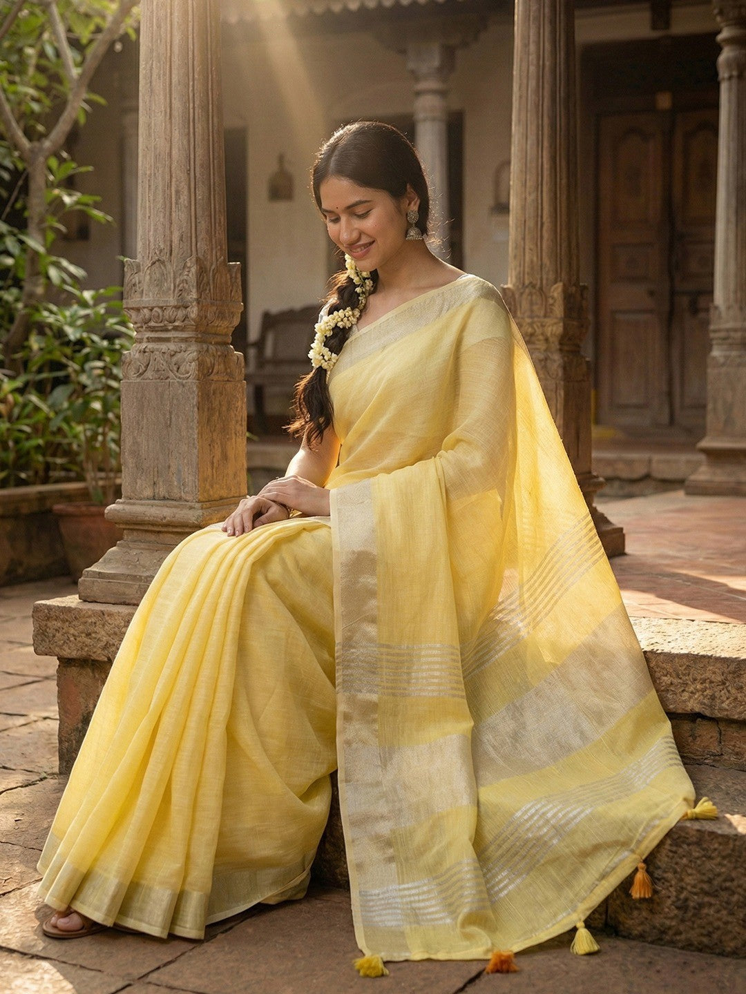 Yellow Linen Saree with Subtle Zari Detailing Lightweight Occasion Wear - Image 4