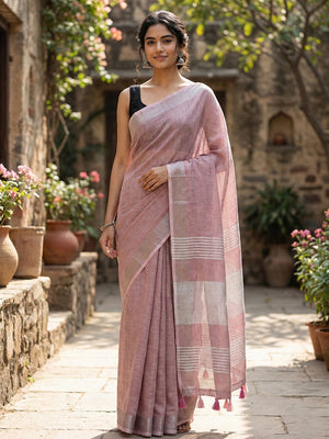 Purple Linen Saree with Subtle Zari Detailing Lightweight Occasion Wear - Image 1