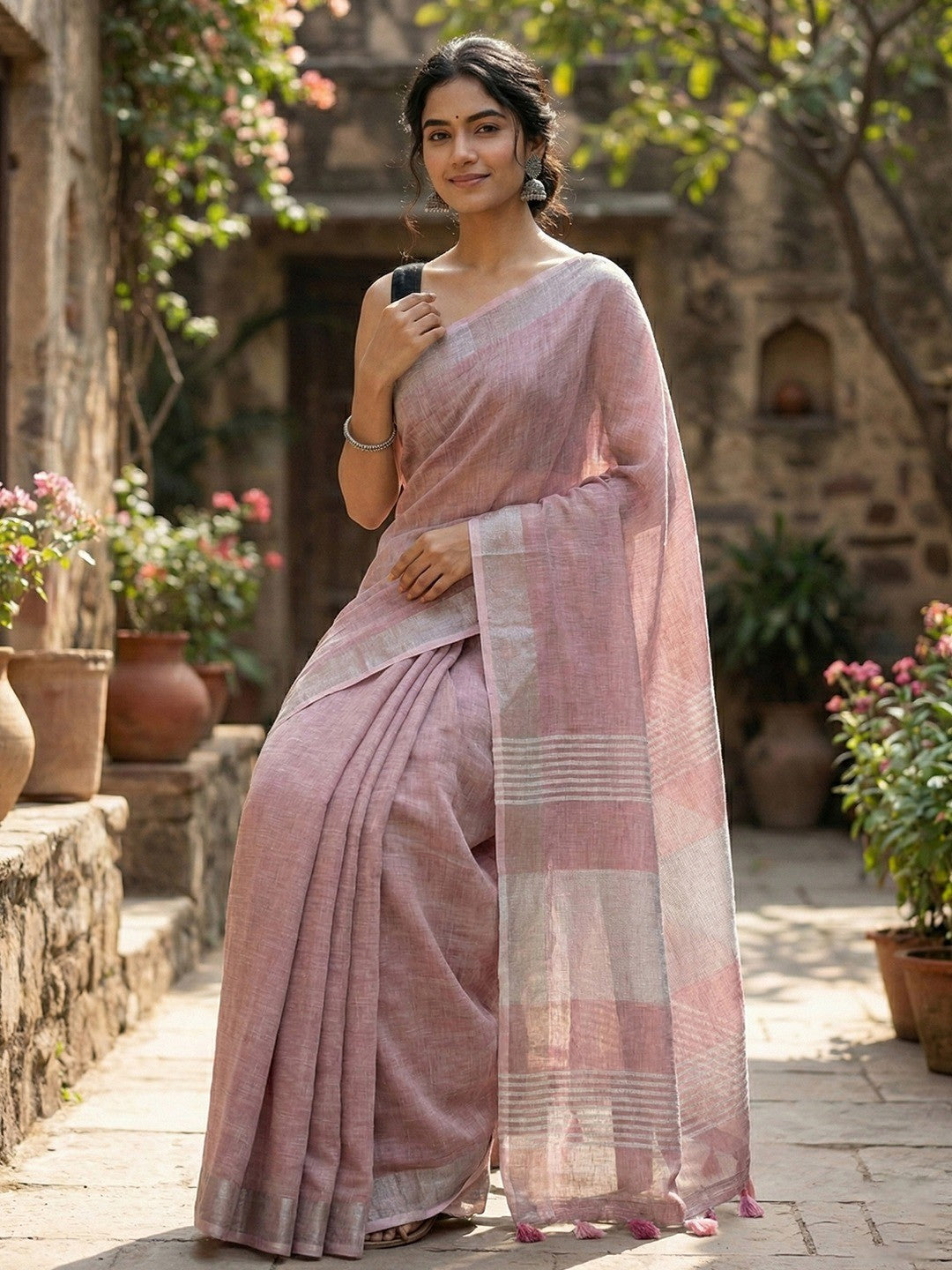 Purple Linen Saree with Subtle Zari Detailing Lightweight Occasion Wear - Image 5