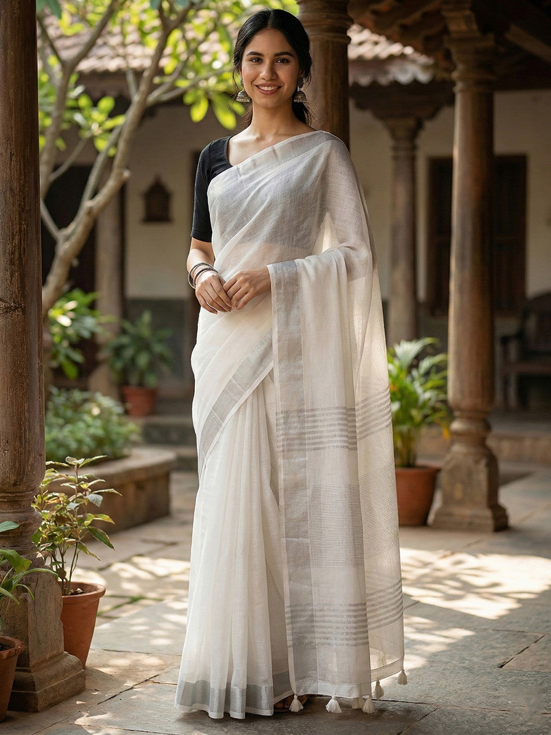 White Linen Saree with Subtle Zari Detailing Lightweight Occasion Wear - Image 1
