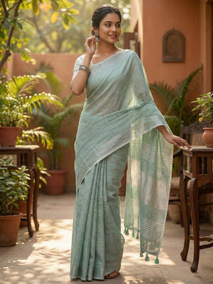 Rama Green Linen Saree with Subtle Zari Detailing Lightweight Occasion Wear - Image 2