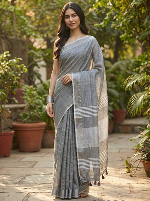 Grey Linen Saree with Subtle Zari Detailing Lightweight Occasion Wear - Image 1
