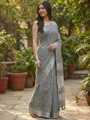 Grey Linen Saree with Subtle Zari Detailing Lightweight Occasion Wear - Image 2