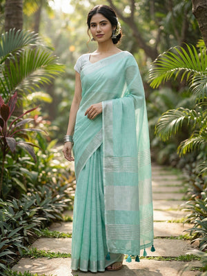 Rama Blue Linen Saree with Subtle Zari Detailing Lightweight Occasion Wear - Image 1