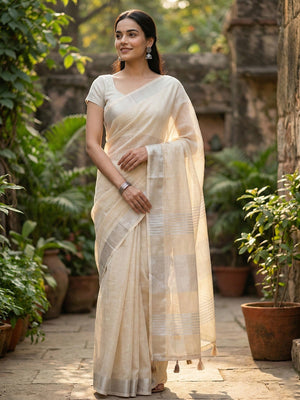 Cream Linen Saree with Subtle Zari Detailing Lightweight Occasion Wear - Image 1