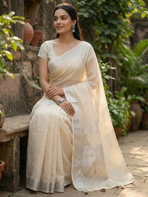 Cream Linen Saree with Subtle Zari Detailing Lightweight Occasion Wear - Image 2