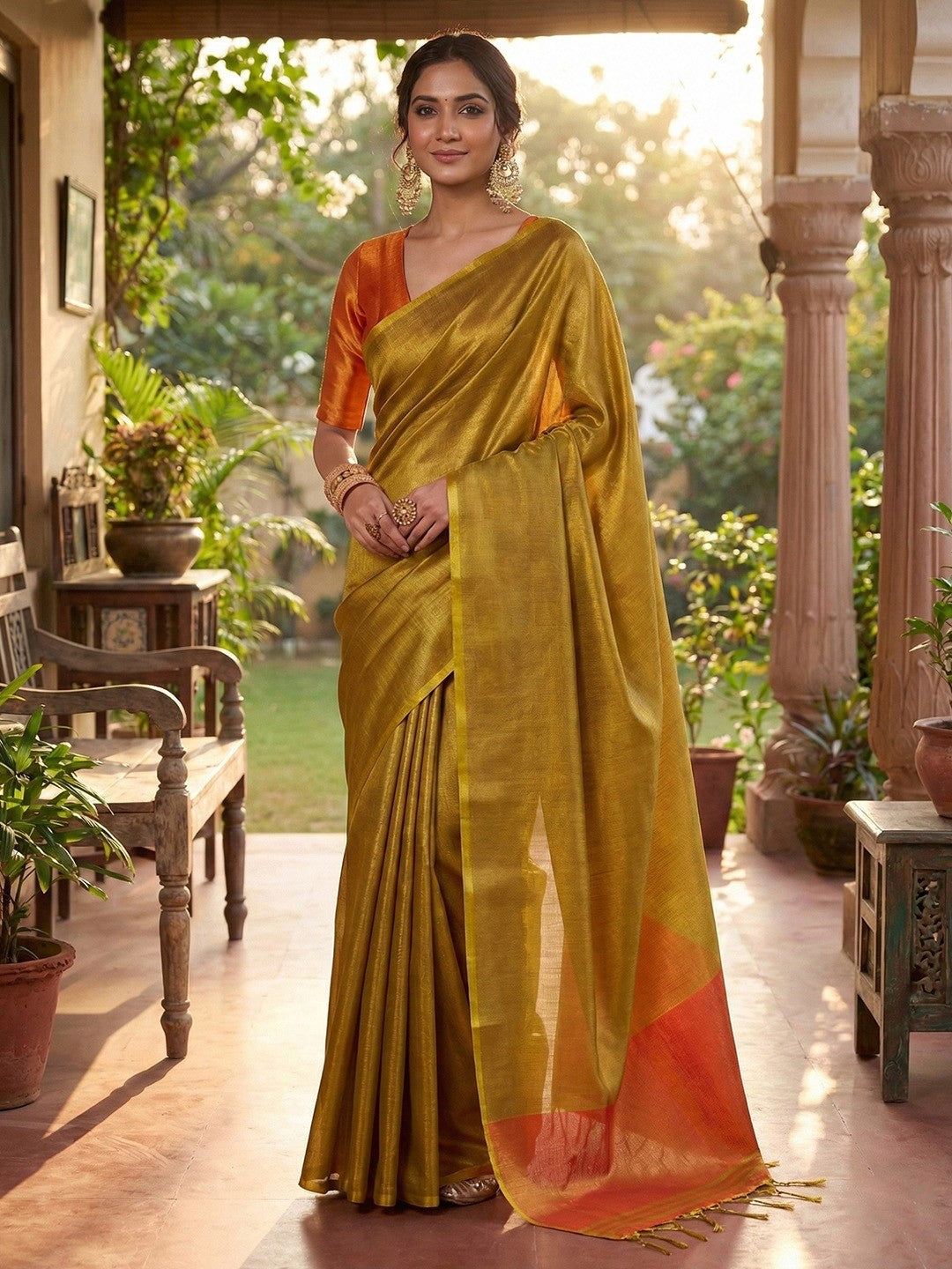 Classic Golden Solid Tissue Silk Saree Featuring Intricate Zari Weaving & Tassel Pallu - Image 1