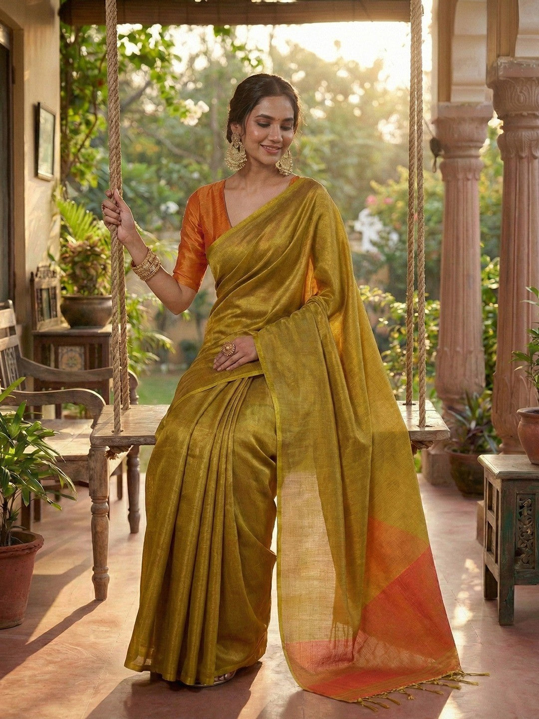 Classic Golden Solid Tissue Silk Saree Featuring Intricate Zari Weaving & Tassel Pallu - Image 3