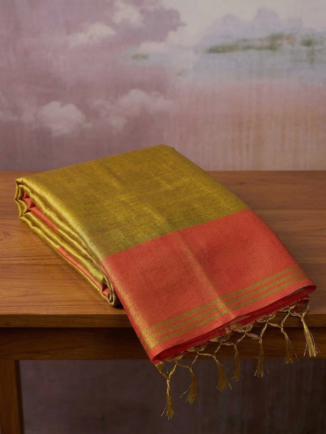 Classic Golden Solid Tissue Silk Saree Featuring Intricate Zari Weaving & Tassel Pallu - Image 2