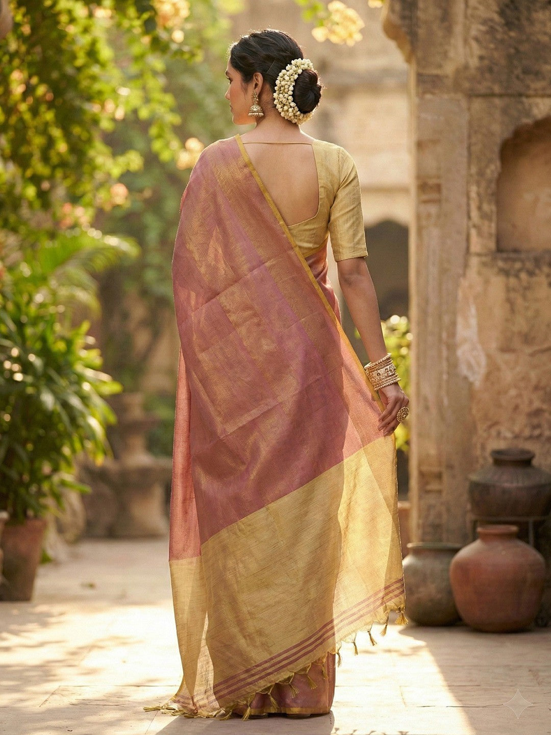 Classic Mauve Solid Tissue Silk Saree Featuring Intricate Zari Weaving & Tassel Pallu - Image 3