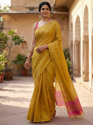 Classic Mustard Solid Tissue Silk Saree Featuring Intricate Zari Weaving & Tassel Pallu - Image 2