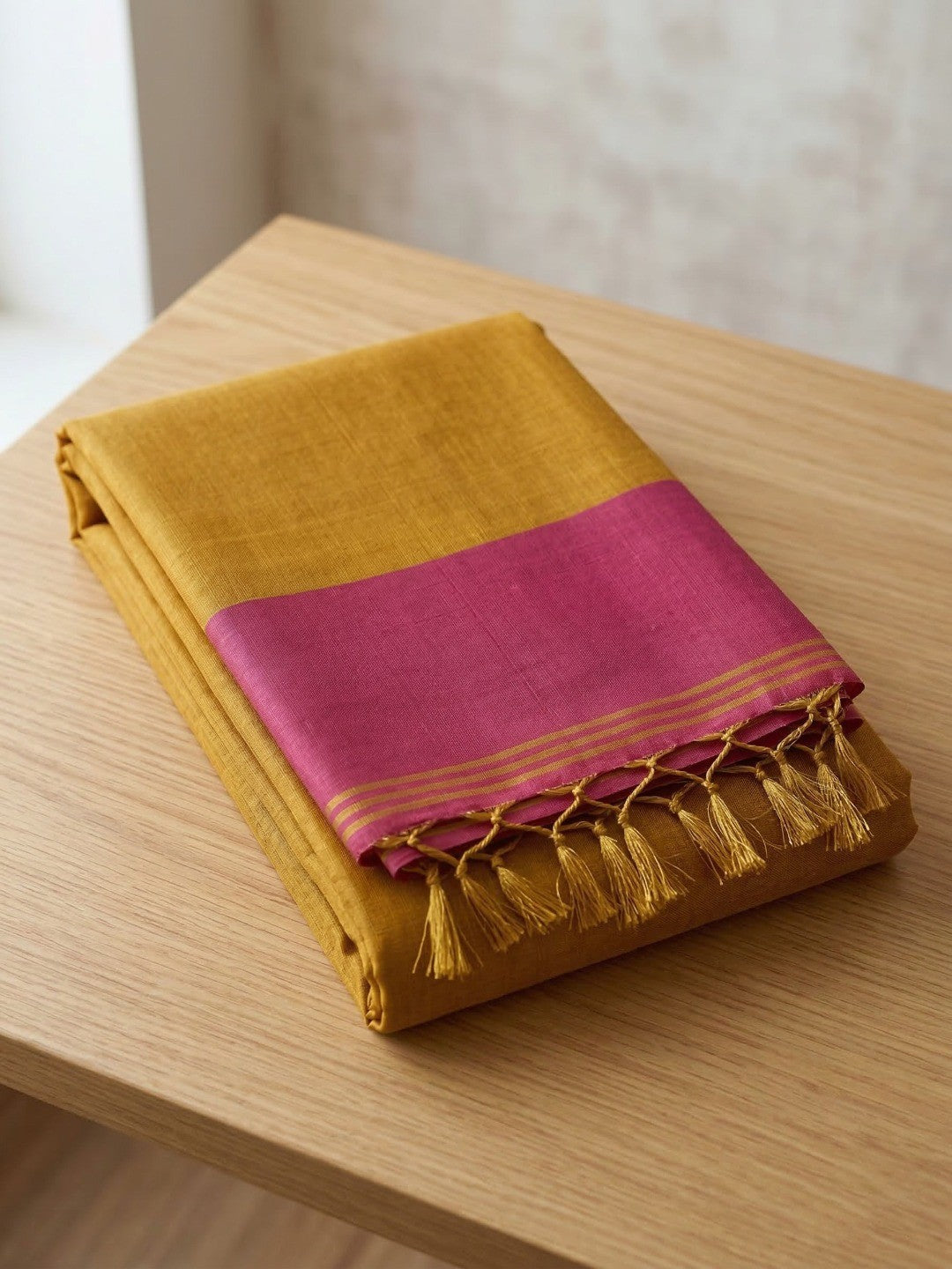 Classic Mustard Solid Tissue Silk Saree Featuring Intricate Zari Weaving & Tassel Pallu - Image 4