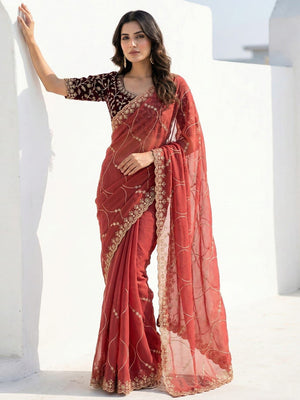 Sophisticated Coral Red Georgette Saree Showcasing Sequins & Golden Thread Embroidery - Image 1