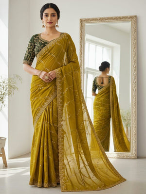 Sophisticated Dark Mustard Georgette Saree Showcasing Sequins & Golden Thread Embroidery - Image 1
