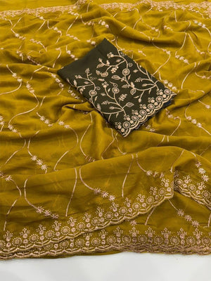 Sophisticated Dark Mustard Georgette Saree Showcasing Sequins & Golden Thread Embroidery - Image 2