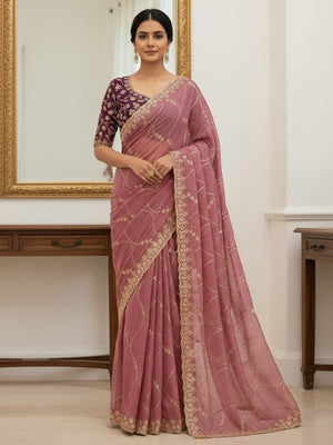Sophisticated Wine Georgette Saree Showcasing Sequins & Golden Thread Embroidery - Image 1