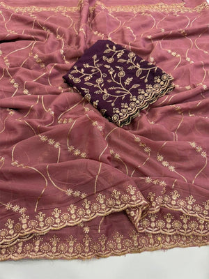 Sophisticated Wine Georgette Saree Showcasing Sequins & Golden Thread Embroidery - Image 2