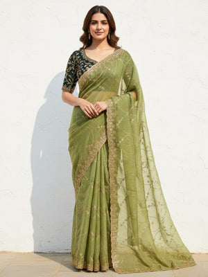 Sophisticated Green Georgette Saree Showcasing Sequins & Golden Thread Embroidery - Image 1