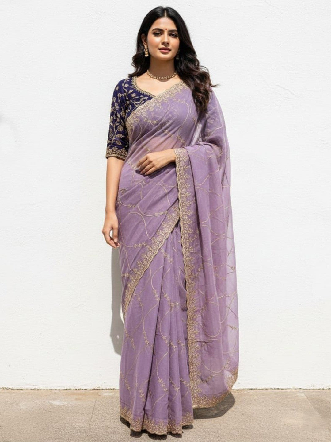 Sophisticated Lavender Georgette Saree Showcasing Sequins & Golden Thread Embroidery - Image 1