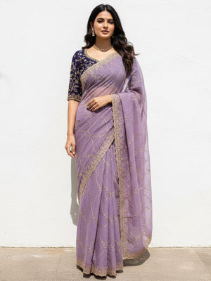 Sophisticated Lavender Georgette Saree Showcasing Sequins & Golden Thread Embroidery - Image 1