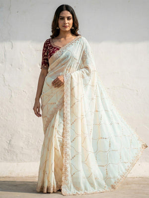 Sophisticated Offwhite Georgette Saree Showcasing Sequins & Golden Thread Embroidery - Image 1