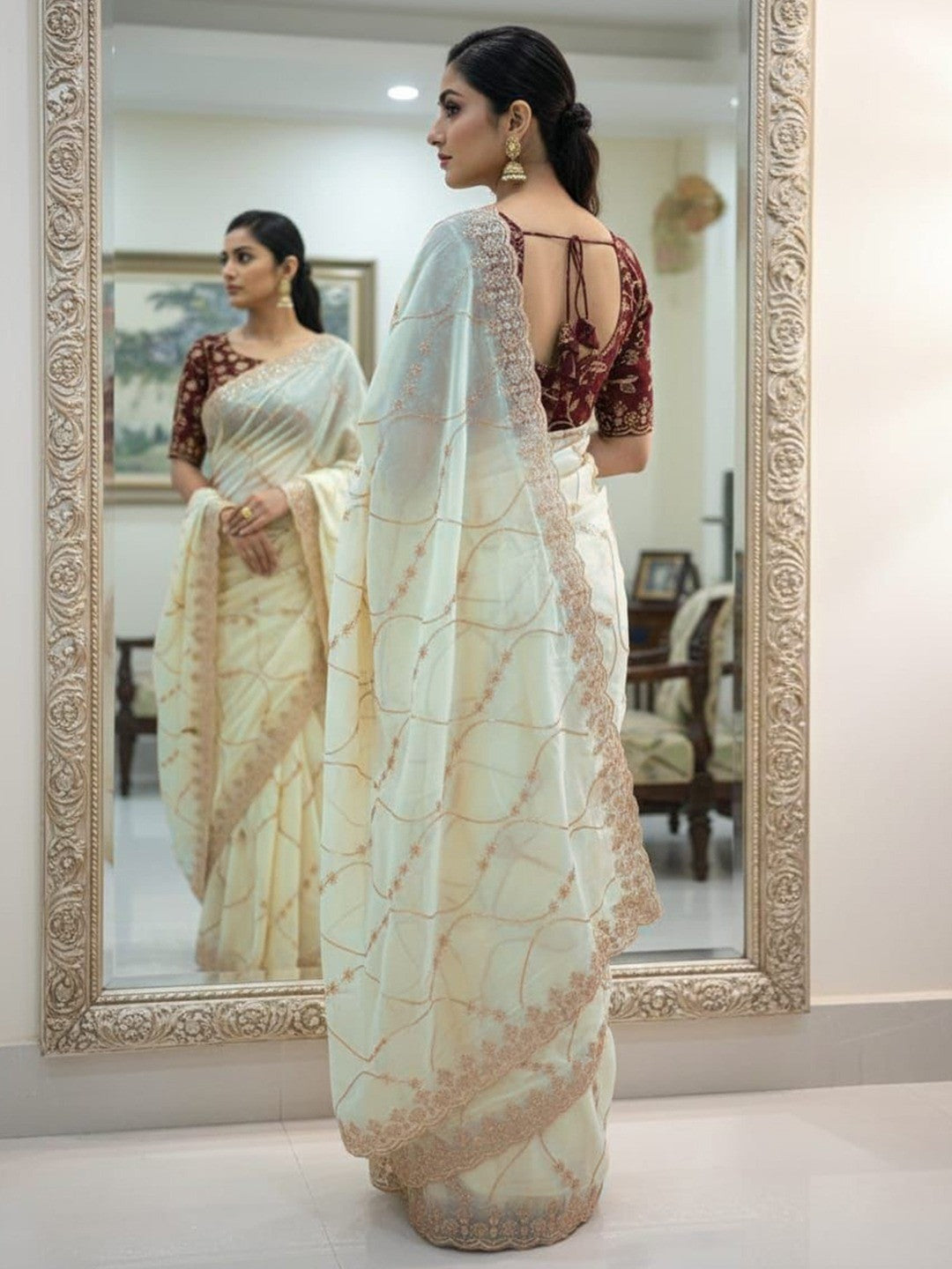 Sophisticated Offwhite Georgette Saree Showcasing Sequins & Golden Thread Embroidery - Image 2