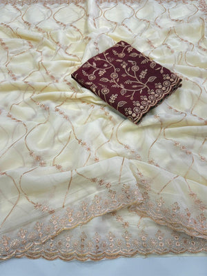 Sophisticated Offwhite Georgette Saree Showcasing Sequins & Golden Thread Embroidery - Image 2