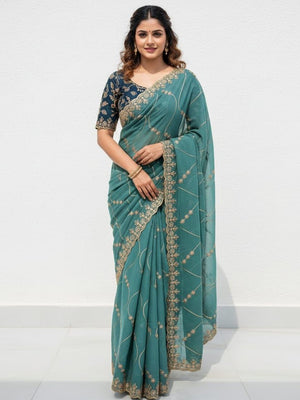 Sophisticated Teal Georgette Saree Showcasing Sequins & Golden Thread Embroidery - Image 1