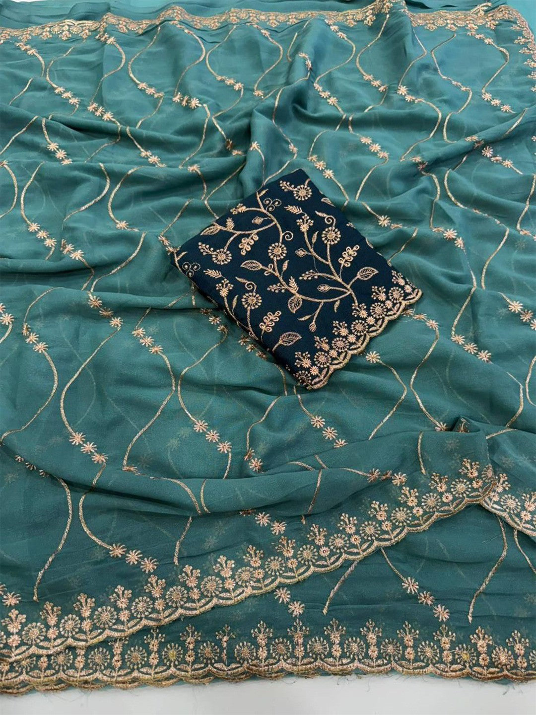 Sophisticated Teal Georgette Saree Showcasing Sequins & Golden Thread Embroidery - Image 2