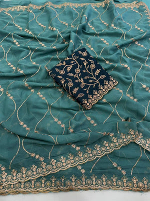 Sophisticated Teal Georgette Saree Showcasing Sequins & Golden Thread Embroidery - Image 2